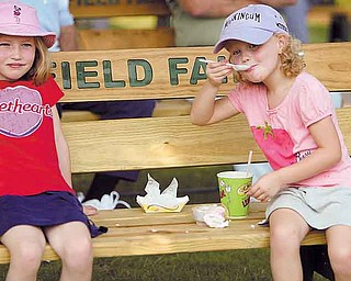 Maureen Baker, 7, left, and her sister Mary, 5, of Canfield share some shade and ice cream in an effort to keep cool Friday during the third day of the 165th Canfield Fair. Temperatures were expected to rise above 90 degrees today with high humidity.