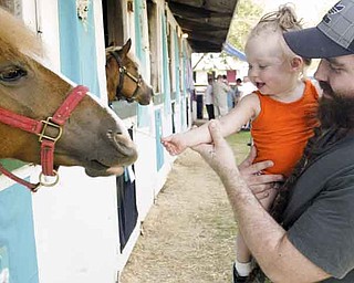 Joe Mayhugh of Beaver Falls, Pa., helps his 14-month-old daughter, Kailyn, make a new friend Saturday at the 165th Canfield Fair.