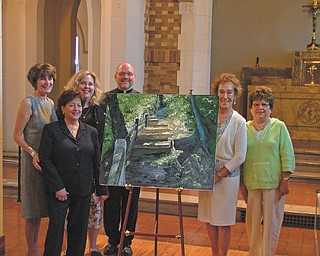 St. Patrick Church, Youngstown, will continue its centennial celebration with “An Evening of Canvases and Canapes” from 5 to 8 p.m. Sept. 25 in the church social hall, where these nine artists will display their works: Allan Orr, Thomas Welsh, Diane Drapcho, Mary Green, Ann Michelle McMasters, Catherine Lape, Diane and Patrick Crawford and Edward Baldado. A special exhibit of the works of the late Annie Finnerty James will also be included. A jazz trio from Dana School of Music will entertain guests and light refreshments will be provided. The show is open to the public. Committee members displaying one of the exhibits with parish pastor, the Rev. Edward Noga, are, from left Jane Orr, Roseann DiBernardo, Ann Michelle McMasters, Chairwoman Martha Tyrell and JoAnn Sweeney.