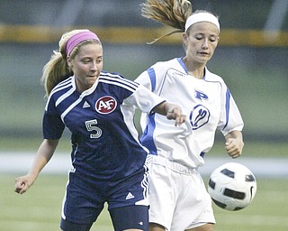 William DLewis The Vindicator Fitch's MAdison Hefner, left, and Poland's Marissa Trevis go for the ball during Wed action at Poland.