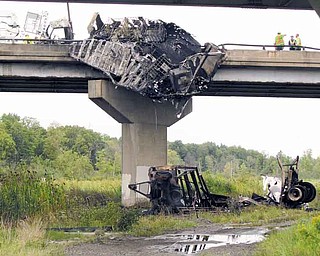 Robert Weirick of Liberty escaped with only minor injuries after the tractor-trailer he was driving ran off an Interstate 80 bridge in Hubbard Township and exploded. Weirick was found lying on the road at the western edge of the bridge.