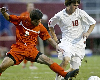 William d Lewis The Vindicator Howland's Alex Cornicelli, left, andTyler Hinton of Howland go for the ball during Thursday action at Niles.