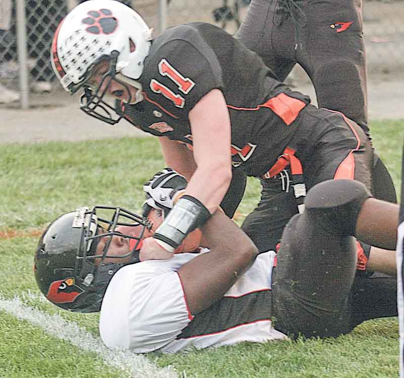 Canfi eld’s Bryce Jackson (on bottom) battles for the ball with Howland’s Dan Ebert (11) during Friday’s game in Howland. The Tigers defeated the Cardinals, 30-28, on a 38-yard fi eld goal with 4.7 seconds left in the game.