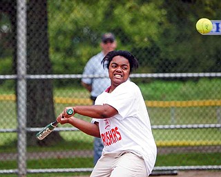 JESSICA M. KANALAS | THE VINDICATOR ..Swingin good time as Tracia Collins (ok) of Meshel Mashers and Youngstown - connects with the ball for a single  ..-30