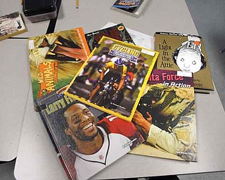 A sampling of the books at Frank Ohl Intermediate School designed to motivate boys to read.