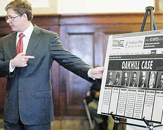 John F. McCaffery, a lawyer for two Cafaro Co. affiliates, points Monday to a page from The Vindicator’s vindy.com website, which prominently displays the former defendants in the now-dismissed Oakhill Renaissance Place criminal case. He is questioning Barbara Paynter, a Cleveland public-relations practitioner, about the negative publicity generated by the indictment.