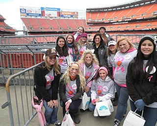 Courtney Gobel, LesleyAnne Roddy, Miranda James, Jessica Sarich, Natalie Hrushka, Emily Hudak, Carrie Brown, Jill Grove, Audrey Davidson, Marla Dull, Tara Freeze, and Marissa Cullen all traveled to Cleveland this past Sunday to help raise Breast Cancer Awareness at the Browns game by handing out over 7,000 Pink Ribbons as fans entered the game