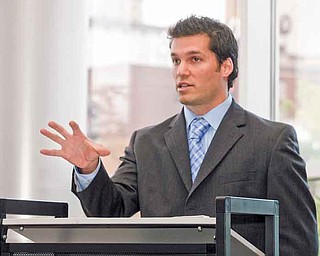 Youngstown Phantoms coach Anthony Noreen speaks at Media Day at the Covelli Centre in Youngstown on Tuesday.