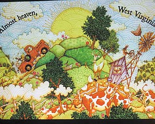 Illustrator Christopher Canyon, of Columbus, shows students how his drawings evolved over time. This illustration was used in Canyon’s “Take Me Home, Country Roads,” which is based on the song of the same name by American singer and activist John Denver.