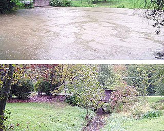Normally the portion of Sawmill Creek that runs through Steve and Sarah Easton’s property flows smoothly (bottom), but when it rains heavily, the banks of the creek expand (top) and floodsthe lower level of their home on Glenview Avenue.