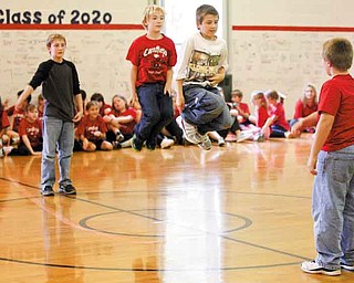 Fourth-grade students Logan Brown, Jacob Kuszaj, Alex George and Gavin Tareshawty show off their jump-roping skills during C.H. Campbell Elementary School’s kickoff assembly for Jump Rope For Heart fundraiser. The school has participated in the American Heart Association’s fundraiser since 1997.