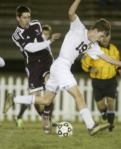 William D Lewis The Vindicator  South Range's  #19 Patrick Mcarthy keeps the ball from Waterloo's Wayne Hatala during Tuesday action at SR.