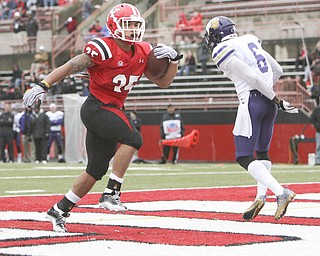 ROBERT K. YOSAY | THE VINDICATOR...Jamaine Cook  takes another ball into the endzone  for another YSU score Jamaine had 2 TD's and  ran for 111 yards --..watching is WIU  #6 James Kieron.- YSU vs Western Illinois - homecoming at YSU and a win 56-14 ......-30