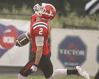 ROBERT K. YOSAY | THE VINDICATOR..Christian Bryan for YSU looks skyward after the first play from scrimmage took the ball 70 yards for a TD .YSU vs Western Illinois - homecoming at YSU and a win 56-14 ......-30