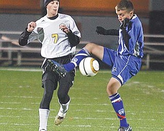 Andrew Batchelor (7) of Crestview battles Chippewa’s Zach Beals for the ball during Tuesday’s match.