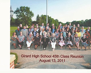 Girard classmates reunite after 45 years
The Girard High School Class of 1966 celebrated its 45th class reunion Aug. 13. A mixer took place at the Avon Oaks Ballroom, owned by classmate Bernie Palock, the Trumbull Country Club was the venue for a night of dinner and dancing, and a brunch at the Niles Park Plaza Grille wrapped up the weekend. Classmates, from left to right, follow, front row: Pat (Kivlighan) Insley, Mary Ann (Carson) Kerul, Sally (Seward) Burnett, Nancy (Royer) Thomas, Linda (Rahn) Williams, Alice (Hudak) Cregut, Kathy (Wallace) LoVerde, Wanda (Sayers) Roberts, Susan (Kay) Ardale, Karen (Lockaton) Gleydura and Matti (Mack) Mitchell; second row: Bill Hart, Sam Martuccio, Caroline (Parillo) Martuccio, Sandy (Ramsey) Pietrouski, Nanci (DeChance) Brady, Clara (Wilkinson) DeDonato, Maryanne (Demetruk) Brown, Maryanna (Rundell) Johnson, Carolyn (Rowbothem) Williams, Susan (Tuthill) Strickland, Junell Brown, Anita (Lonardo) Coe, Christine (Ragan) Babione and Steve Ambrosio; third row: Richard Burks, George Nyktas, Joe Antonucci, Gary Yuhasz, Barbara (Charelsworth) Huber, Tom DelGino, Anthony Rozzo, Barbara (Franko) Wishak, Brenda (Laird) O’Neil, Ken Stalanker, Lucille (Moreland) Smith and Mary Ann (Sirnik) Neff; and fourth row: Shirley (Bonnet) Dailey, Jim Reese, Jeff Campbell, Ron Marginian, Anthony Airato, Bill Chockey, Pat (Rafferty) Bloom, Alan DeProfio, Garth Button, John Eisenhower, Tony Trina and Bob Seymour. Absent from the picture are reunion committee members Sandy Chockey and Lou LoVerde.