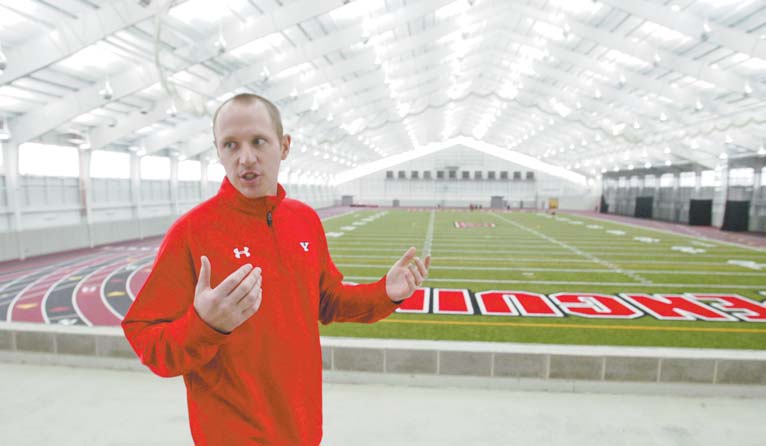 A 300-meter track loops around the Watson and Tressel Training Site (WATTS) field with eight lanes on the straightaway and six lanes all around. “It’s the Cadillac of track surfaces,” says Tim Stuart, manager of facilities and programs for Youngstown State University athletics.