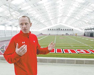 A 300-meter track loops around the Watson and Tressel Training Site (WATTS) field with eight lanes on the straightaway and six lanes all around. “It’s the Cadillac of track surfaces,” says Tim Stuart, manager of facilities and programs for Youngstown State University athletics.