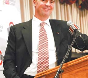 Urban Meyer addresses members of the media during a news conference Monday at the Fawcett Center on the
Ohio State campus in Columbus.