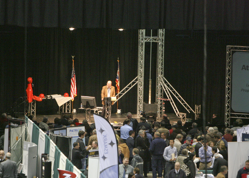 ROBERT K. YOSAY | THE VINDICATOR..Atty - Eric Johnson with Johnson and Johnson of  Canfield - answers   questions for the crowd - ."The YOUNG 2011 Conference and Expo Ñ the first Utica shale play conference in the state of Ohio Ñ is a dedicated B2B conference in which national and local companies can exhibit their products and interact with key players in the burgeoning Utica and Marcellus supply chain. at the Covelli Centre .. .-30