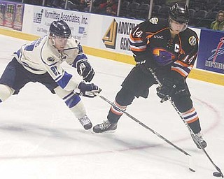 The Youngstown Phantoms’ Mike Ambrosia (14) battles Sioux Falls’ Bryan Moore (21) for the puck during
Thursday’s USHL game at the Covelli Centre. The Phantoms fell to the Stampede 2-1 in a shootout.