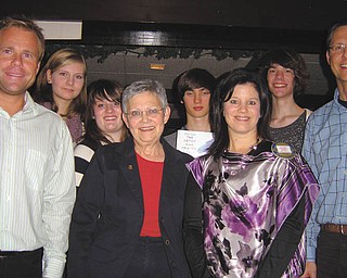 At a recent meeting of the Rotary Club of Austintown, members had a chance to meet and greet students from the 7th Annual Austintown-Boardman Hennef Exchange Program, which was started by Canfield Rotary member Sigliende Warren. Students from Austintown and Boardman visited their German friends in the spring, and the Thanksgiving season was chosen to give German students a chance to experience an American holiday. The visiting students stayed with host families from Austintown and Boardman for 11 days, speaking English, attending school and participating in activities planned by the student-host. They learned about the area and local traditions, and they discovered that movies don’t necessarily depict German and American society with accuracy. From left to right are teacher Volker Manz; German student Helen Sprengel; Austintown Fitch student Allison Henline; Sigliende Warren; German student Luis Lichtenberg; Austintown Rotary President Deanna Spirko; German student Kevin Homistek; and German teacher Hubertus Luke.
