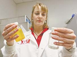 Karen Stangl checks for the presence of E. coli and coliform bacteria in water at the Mahoning County Health Department. The department can test water for contamination related to oil- and natural-gas drilling.