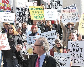 State Rep. Robert Hagan of Youngstown, D-60th, was at Tuesday’s protest at the Ohio Statehouse, where he urged his fellow lawmakers to institute a moratorium on horizontal hydraulic fracturing and on the disposal of drilling waste fluids in injection wells.