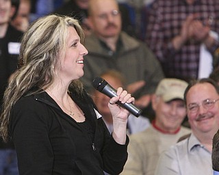 ROBERT K. YOSAY|THE VINDICATOR..Michele Bolchak of Warren asks about Obama care ----Mitt Romney, one of the front-runners for the Republican presidential bid, was the first of the GOP candidates to campaign in the Mahoning Valley. @ Taylor Winfield plant on Salt Springs Rd... ...-30-