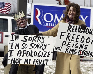 William D Lewis the Vindicator Debbie Clair of Colorado who is visiting family in Warren, expresses her opinions about Obama outside a Monday 3-5-12 Romney event in Youngstown.