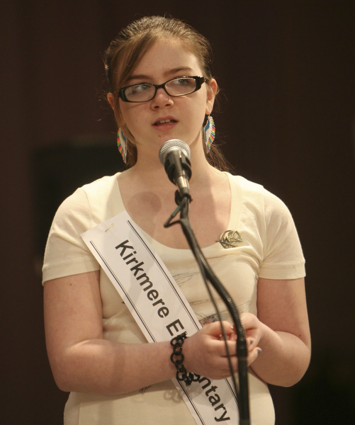 ROBERT  K.  YOSAY  | THE VINDICATOR --..FOR THE FACES  Morgan Smith of Kirkmere elementary - The 79th  Regional Spelling Bee sponsored by the Vindicator was held at YSU Kilcawley Center with 65 spellers vieing for the coveted trophy and trip to Washington for the National Spelling Bee s--30-..(AP Photo/The Vindicator, Robert K. Yosay)