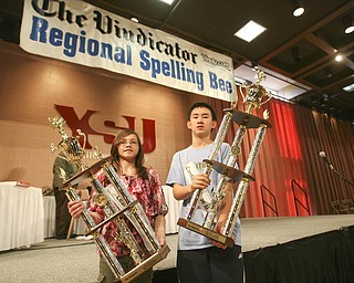 ROBERT K. YOSAY | THE VINDICATOR --..Second and First Place winners Tamsin Day and Max Lee - The 79th Regional Spelling Bee sponsored by the Vindicator was held at YSU Kilcawley Center with 65 spellers vieing for the coveted trophy and trip to Washington for the National Spelling Bee s--30-..(AP Photo/The Vindicator, Robert K. Yosay)