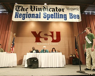 ROBERT  K.  YOSAY  | THE VINDICATOR --.. Jacob Stellers from South Range Middle School -- as he spelled his first word  at The 79th  Regional Spelling Bee sponsored by the Vindicator was held at YSU Kilcawley Center with 65 spellers vieing for the coveted trophy and trip to Washington for the National Spelling Bee s--30-..(AP Photo/The Vindicator, Robert K. Yosay)