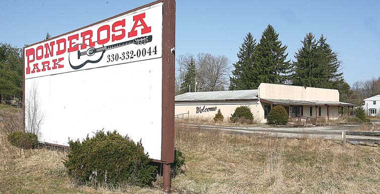 The main gate to the former Ponderosa Park in Goshen Township stands as a reminder of the park’s glory days in the 1980s and 1990s when country superstars would entertain regularly at the park’s pavilion. The pavilion and much of the park’s property today are dilapidated. The property will be up for sale at an auction 1:30 p.m. next Tuesday at the Mahoning County Courthouse.