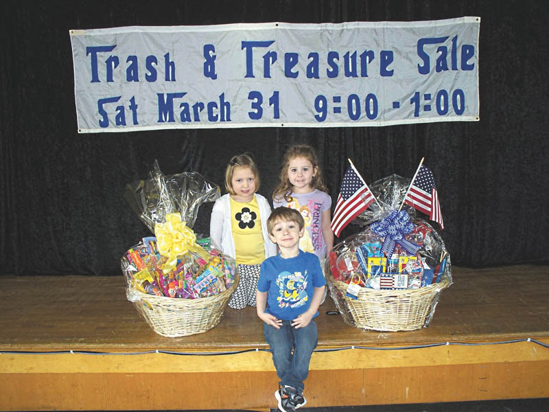 Austintown Community Church Preschool Childcare Center will host its annual Trash & Treasure Sale from 9 a.m. to 1 p.m. March 31 in the upstairs auditorium of the Education Wing at Austintown Community Church, 242 S. Canfield-Niles Road. Tables are available by contacting the preschool office at 330-793-1843 through March 28. There also will be a large variety of specialty basket raffles including lawn and garden; summer fun for kids; games and family fun; arts and crafts for kids; red, white and blue; and paws and claws. Light snacks and beverages will be available for purchase. Proceeds will go toward the purchase of developmentally appropriate classroom educational materials. For information call the office from 9 a.m. to 4 p.m. Monday through Friday at the above number. Posing with specialty baskets are preschool students, from left, Abby Evans, Lee Eckonen and Jordan Corll.