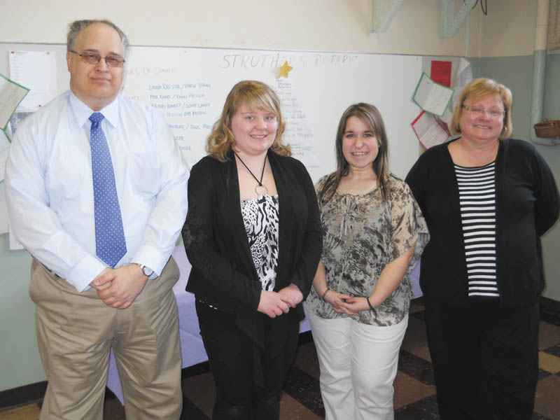 The Struthers Rotary recently hosted its annual Four Way Speech Contest. Struthers High School participants Rachel Mass, center left, and Allison Guerrieri, center right, were required to present a 4-to-6 minute speech on how the Rotary’s 4-way test applies to everyday relationships with other people. The test consists of four questions: Is it the truth?; Is it fair to all concerned?; Will it build goodwill and better friendships?; and Will it be beneficial to all concerned? The students were accompanied by English teacher Jean Dundee, right. Rotarian Tom Baringer is at left. 