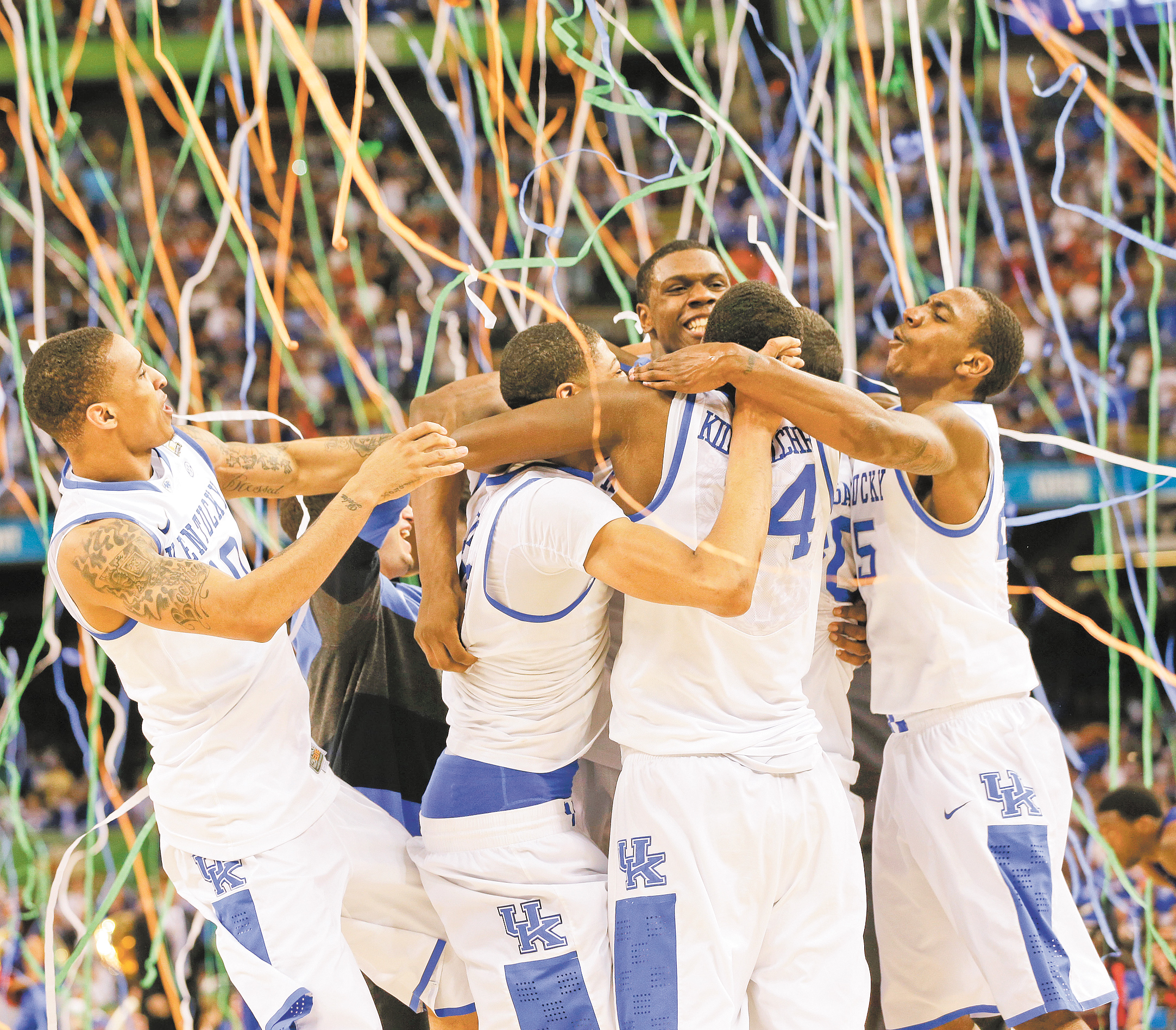Kentucky players celebrate following their 67-59 victory over Kansas for the NCAA basketball championship at the Superdome in New Orleans. Anthoyn Davis, who finished with six points, 16 rebounds, five assists, six blocked shots and three steals in the championship game, was named the tournament’s Most Outstanding Player.