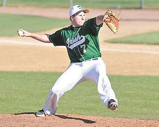 Ursuline ace Harry Finelli pitches to a Liberty batter during a game Wednesday at Cene Park in Struthers. The Irish defeated the Leopards 11-1 in five innings. Finelli pitched four solid innings and gave up one run on five hits. Off the mound he went 3-3 with three RBIs and was a home run short of hitting for the cycle.