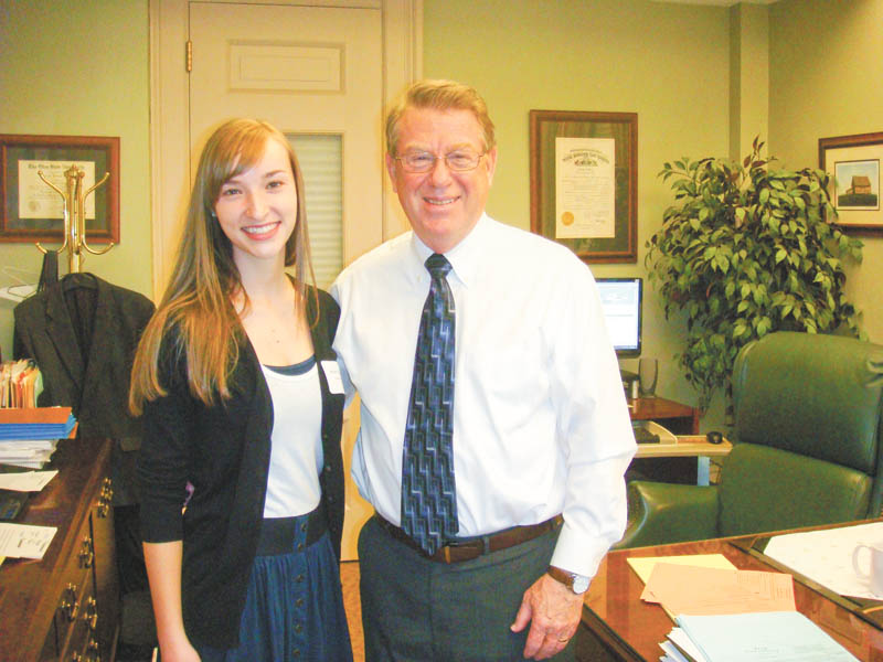 Michelle Termine, left, of Bristol, recently met Trumbull County Common Pleas Court Judge Andrew Logan during a Civic Day tour in downtown Warren. She was sponsored by Roselynn Gadd of Trumbull Retired Teachers Association at the event. 