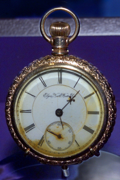 This pocket watch was recovered from the body of American postal clerk John Starr March, one of five mail clerks who died in the sinking of the RMS Titanic, and is on exhibit at the Natonal Postal Museum in Washington Friday Sept. 17, 1999.  March and four colleagues gave their lives trying to save heavy bags of mail on the doomed RMS Titanic; the "RMS" stood for Royal Mail Steamer. (AP Photo/J. Scott Applewhite)