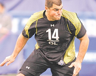 Stanford offensive lineman David DeCastro runs a drill at the NFL scouting combine in Indianapolis. DeCastro was selected as the 24th overall pick by the Pittsburgh Steelers in the first round of the draft on Thursday.