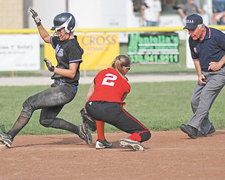Lakeview’s Alyssa Nicholas is tagged out at second base by Ashley Hefferon of Struthers during Monday’s game. Lakeview won the non-league game 6-2.