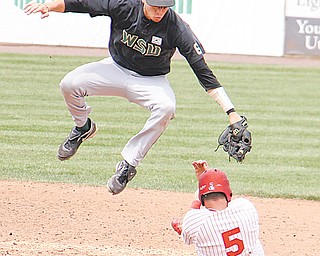 Youngstown State base-runner Marcus Heath (5) slides under Wright State infielder Justin Kopale during Sunday’s
game at Eastwood Field.