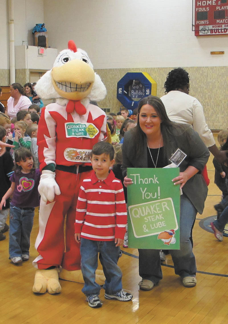 Quaker Steak & Lube in Austintown recently sponsored a Red Solo Cup fundraiser for autism. More than $3,000 was raised and donated to Fairhaven School in Niles. On April 25, the Lube’s marketing manager, Danielle Hall, and Coop, its chicken mascot, visited the school and presented the proceeds to school principal Rosanne Morell. Preschool students made a thank-you card for the folks at the Lube, which was given to Hall by her nephew, Angelo, a student at the school.