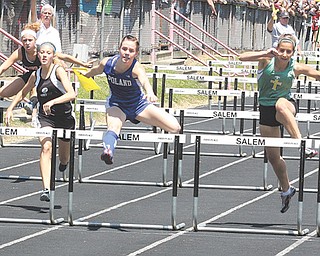 Sage Spotleson of Poland leads the way in the 100-meter hurdles last weekend at Reilly Stadium in Salem. Spotleson qualified for the regional in the event in Bedford this week.
