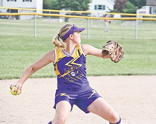 Champion third baseman Haley McAllister throws the ball to first base to get an out during Tuesday’s matchup against Poland at North Elementary School in Poland.