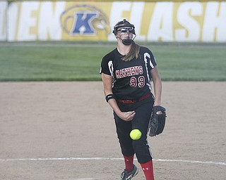 JESSICA M. KANALAS  | THE VINDICATOR..Mathews #99 Cheyenne Eggens pitches during the bottom of the third inning against Jackson Milton for the Division 3 Regional Semifinal game at Kent State University.