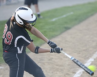 JESSICA M. KANALAS  | THE VINDICATOR..Mathews #99 Cheyenne Eggens makes contact to get a hit during the top of the fourth inning against Jackson Milton for the Division 3 Regional Semifinal game at Kent State University.