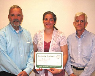 The Men’s Garden Club of Youngstown recently announced its 22nd scholarship winner, Emily Conrad of Louisville, Ohio. She is a student at Kent State Salem in the horticulture program. Above are Stan Jones, left, horticulture program director at Kent Salem, Conrad and Lynn Hoffman, chairman of the scholarship committee.