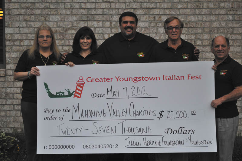The Greater Youngstown Italian Fest Committee, along with the Italian Heritage Foundation of Youngstown Inc., has distributed more than $27,000 to local charities and scholarships to Youngstown State University students from the 2011 Italian Fest. The charities are Second Harvest Food Bank, The Rescue Mission, Beatitude House, Rich Center for Autism, St. Vincent de Paul Society and Akron Children’s Hospital Boardman, among others. Committee member are, from left to right, Linda Ilich, Anna D’Amato, John Rossetti, Anthony Julian and Joe Lenefante 